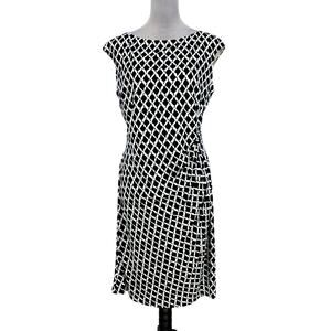 Lauren Ralph Lauren Dress Womens 14 Black Ivory Print Stretch Knit Side Ruched